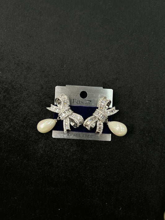 (LIVE 421) Crystal Bow Pearl Drop Earrings Ribbon Shaped with Pearl Accents for Elegant Looks